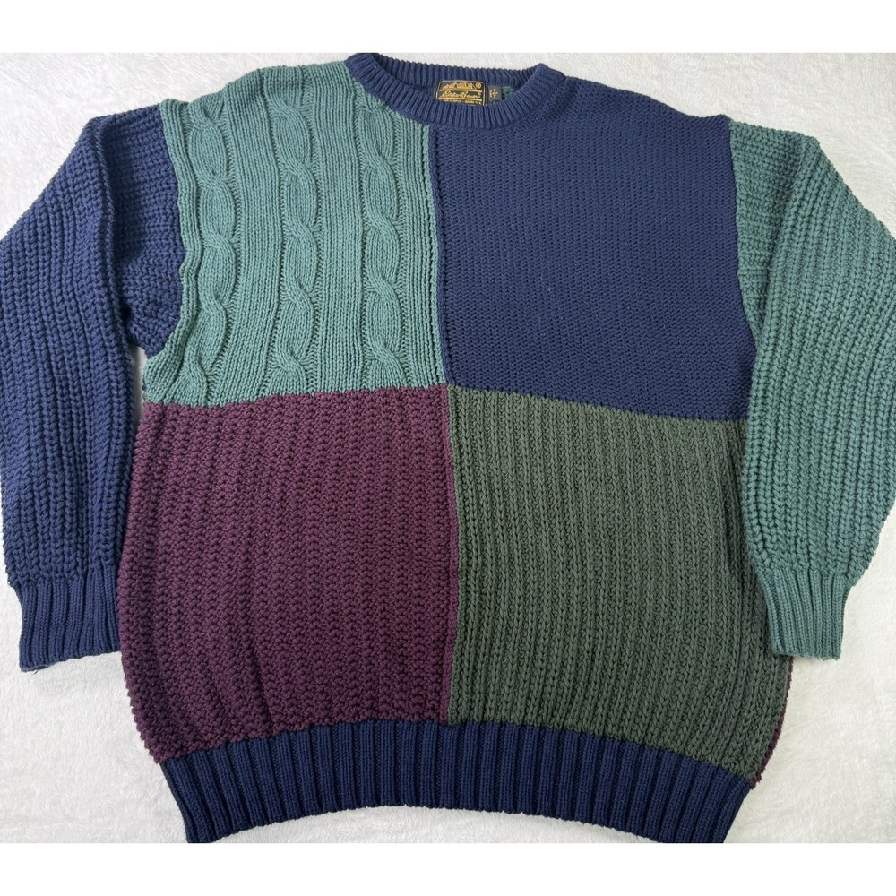 Vintage Eddie Bauer Sweater 3D Patchwork L Colorblcok Grandpa Cable Fisherman